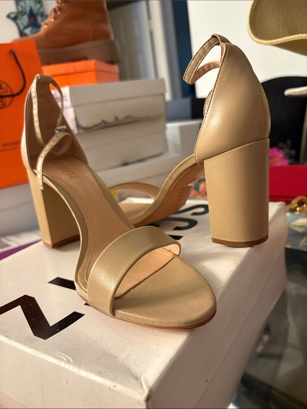 SCHUTZ Nude Block Heel Ankle-Strap Sandals